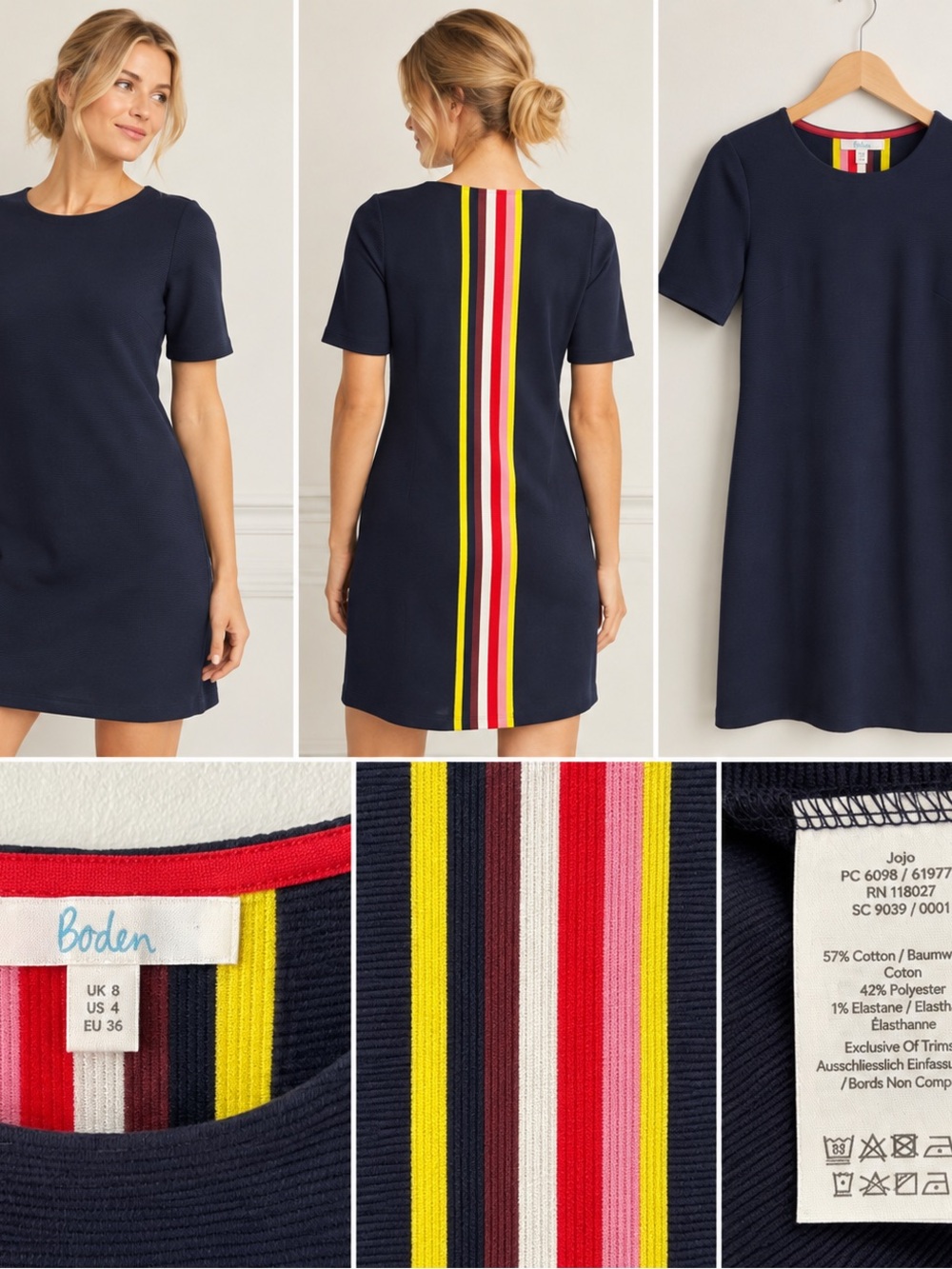 Boden Jojo Navy Rainbow Stripe Back Ponte Shift Dress
